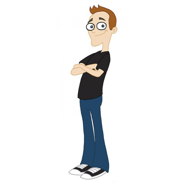 Cartoonist self-portrait in a unique cartoon style, arms crossed, wearing a black shirt and blue pants.