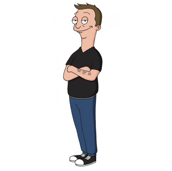 Cartoonist self-portrait in animated style, arms crossed, wearing a black shirt and blue pants.
