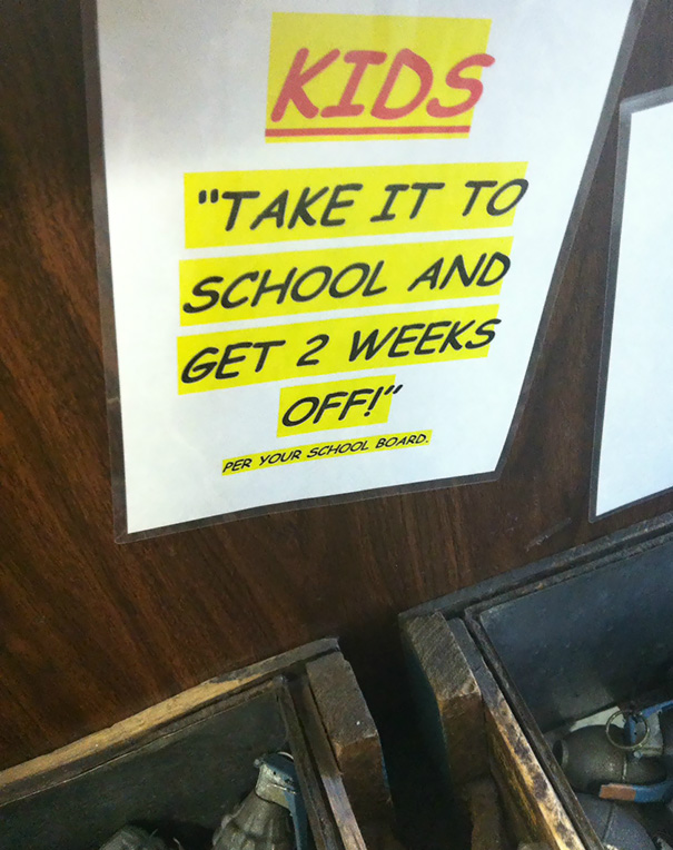 They Were Selling Fake Grenades In This Gift Shop And This Was The Sign Over Them