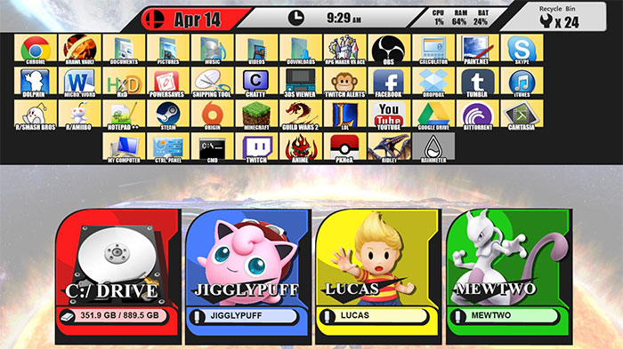 Genius desktop wallpaper mimics a game interface with icons and character selection, featuring storage drive details.