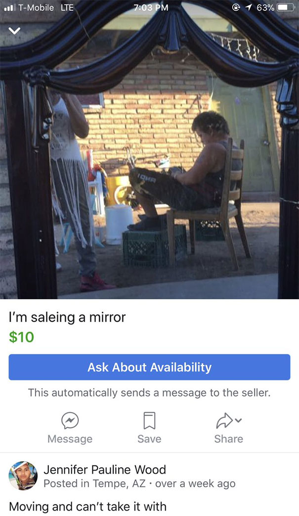 Mirror for sale reflected in online listing with person sitting outside.