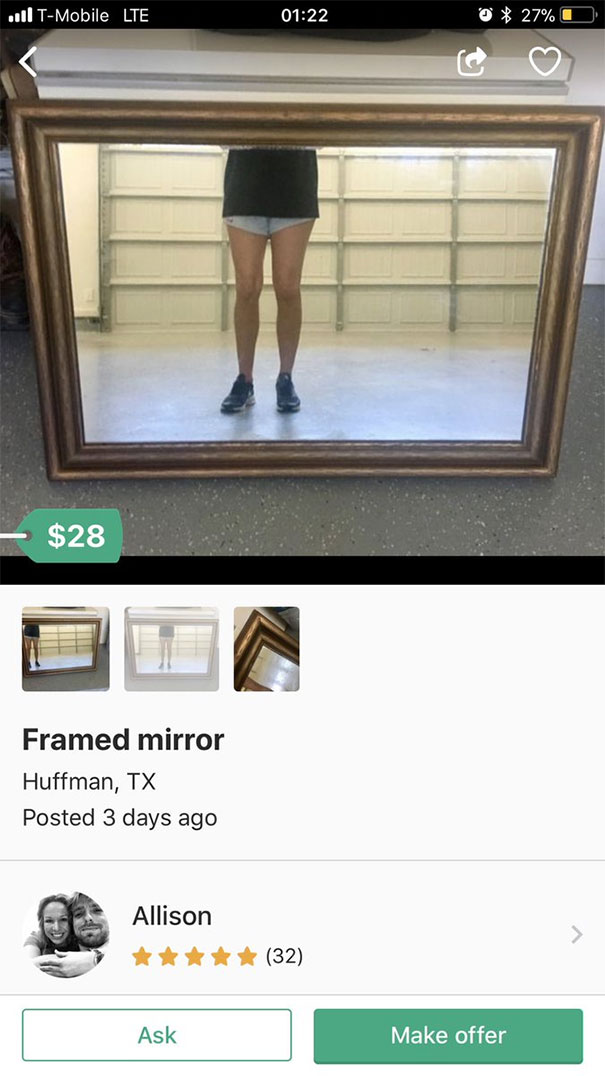 Framed mirror for sale reflecting person's legs, with price tag of $28, listed in Huffman, TX.