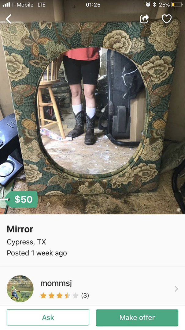 Person taking a mirror selfie in floral frame, listed for sale in Cypress, TX for $50.