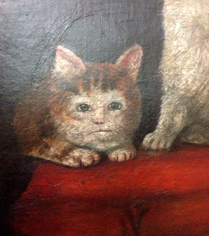 Medieval cat painting with comical expression, highlighting the humor in historical art depictions.