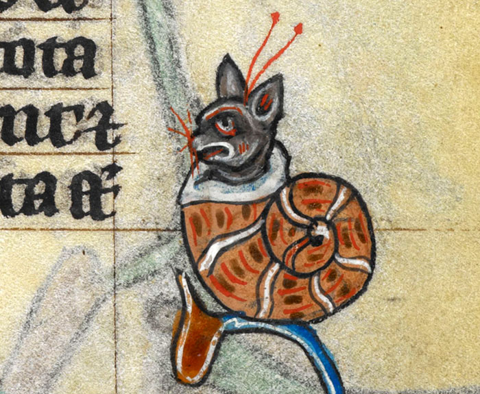 Medieval cat painting with snail body, highlighting humorous and odd artistic style.