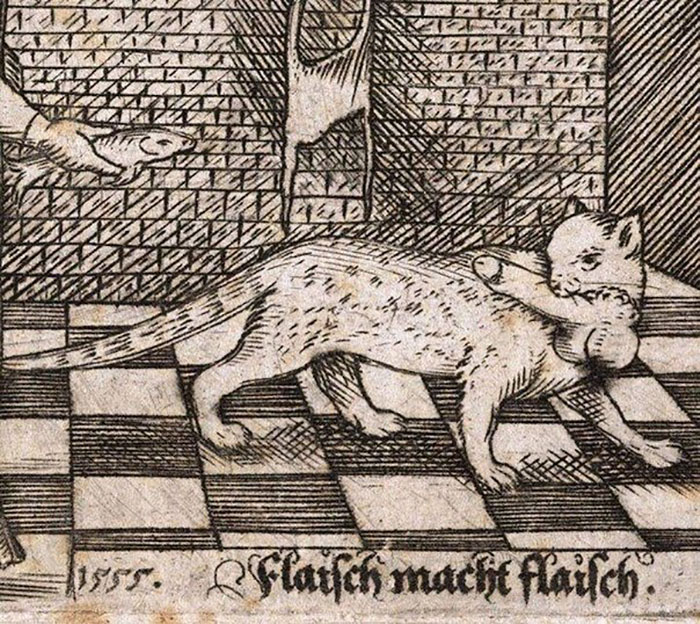 Ugly medieval cat painting with a distorted body, holding an object, illustrating humorous historical art style.