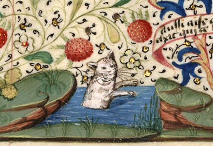 Medieval cat painting with peculiar features, surrounded by colorful foliage and patterns.