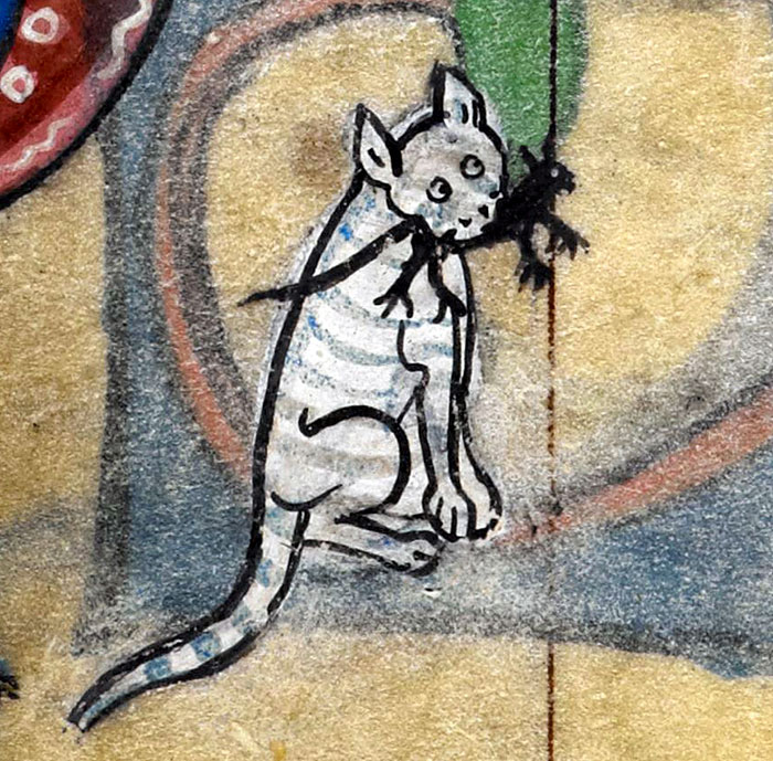 A humorous medieval cat painting with unusual features, holding a small creature in its mouth.