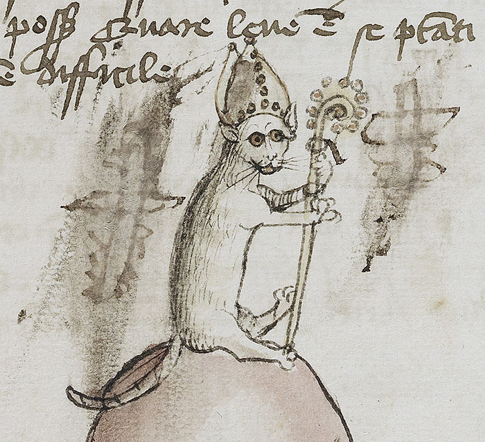 Medieval cat painting with a comical appearance, wearing a hat and holding a staff.