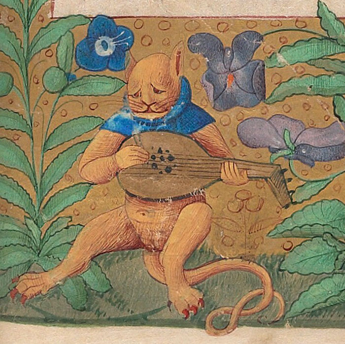 Medieval cat painting with lute, featuring comical and exaggerated features, surrounded by colorful flowers.