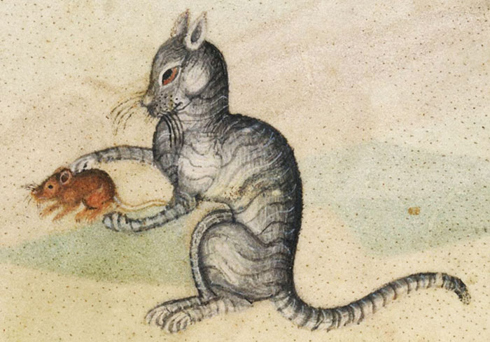 Medieval cat painting with exaggerated features holding a mouse.