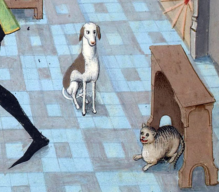 Medieval painting featuring an amusingly awkward cat and a dog in a room with tiled flooring.
