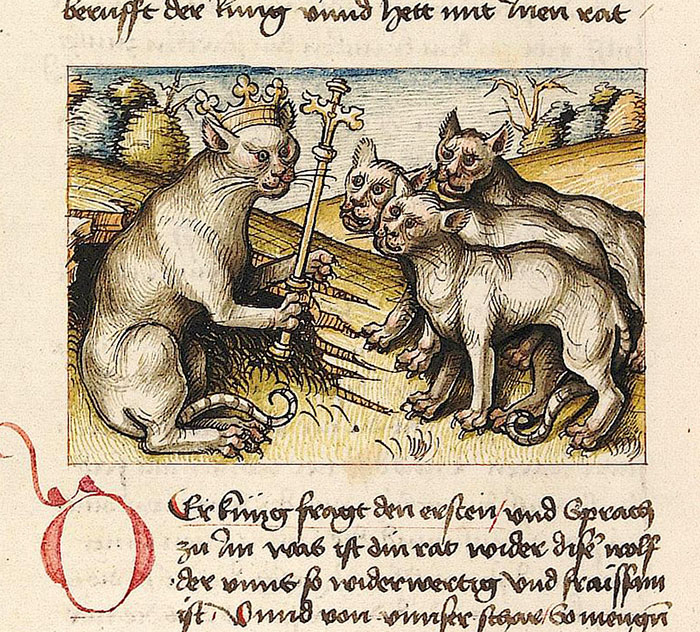 King cat in medieval artwork surrounded by four cats, showcasing unintentionally humorous depiction of cats in medieval paintings.