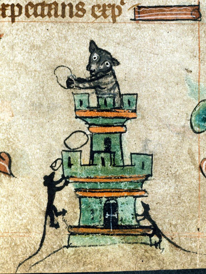 Medieval cat painting with humorous depiction of cats in a castle, illustrating the quirky art style of the era.