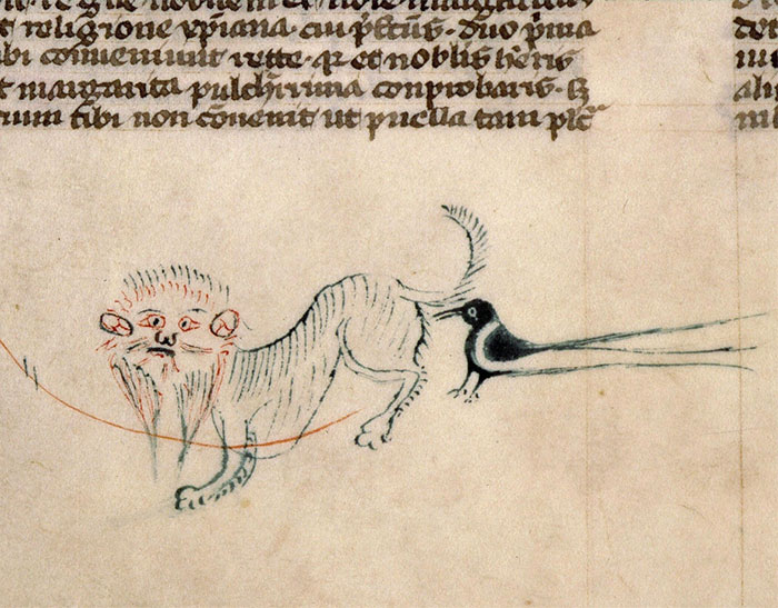 Ugly medieval cat painting with exaggerated features and text above it.