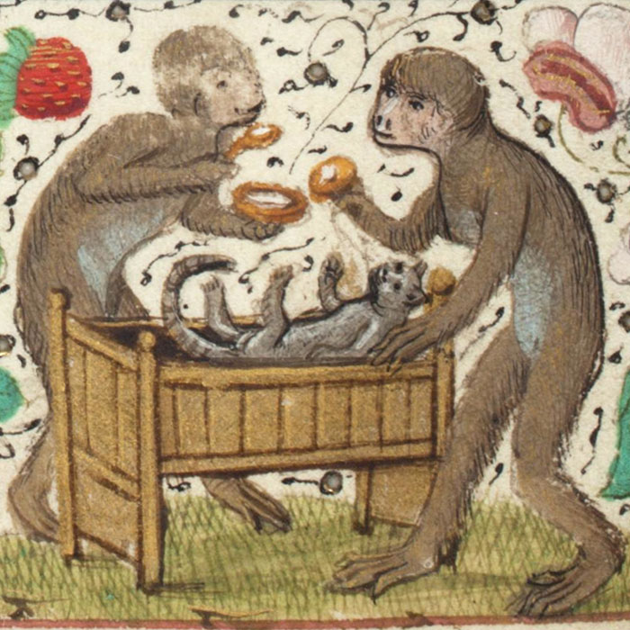 Medieval painting of two odd-looking figures with a cat in a cradle, showcasing humorous medieval art style.