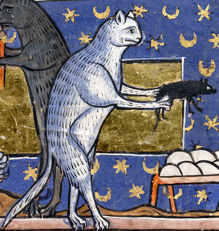 An awkwardly drawn medieval cat holding a rat, showcasing humorous medieval cat art style.