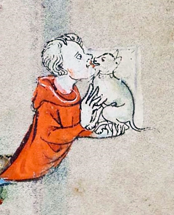 Medieval painting of a person in a red robe kissing an oddly-drawn cat, highlighting medieval cat art humor.