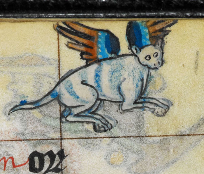 Medieval cat painting with blue stripes and wings, illustrating unique artistic style.