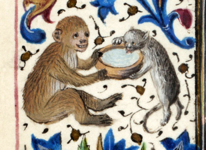 Medieval cat painting with a monkey holding a bowl, showcasing humorous and peculiar art style.