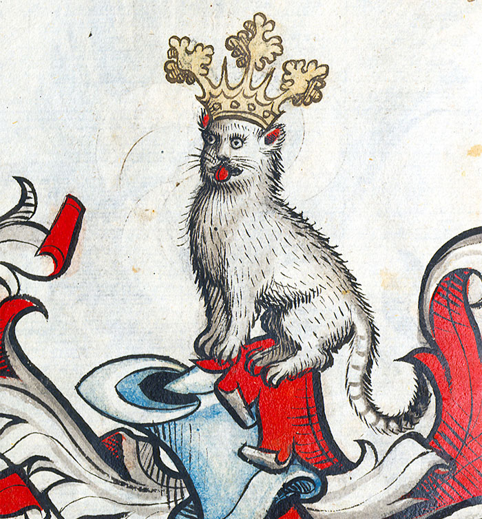 Medieval cat painting with a crown, featuring humorous and unique artistic style.