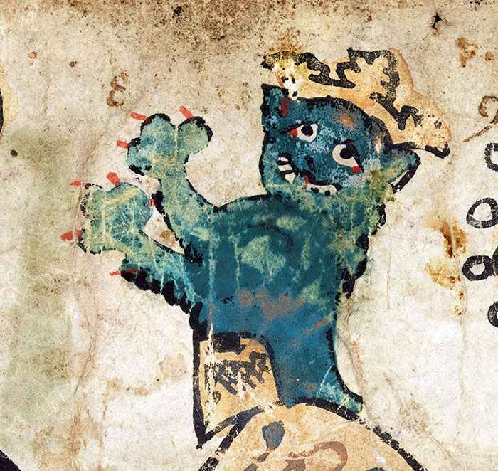 Medieval cat painting with quirky features, capturing humorous and unrealistic portrayal of cats in historical art.