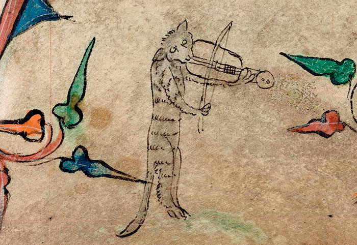 Ugly medieval cat painting featuring a cat playing a fiddle, surrounded by colorful abstract patterns.