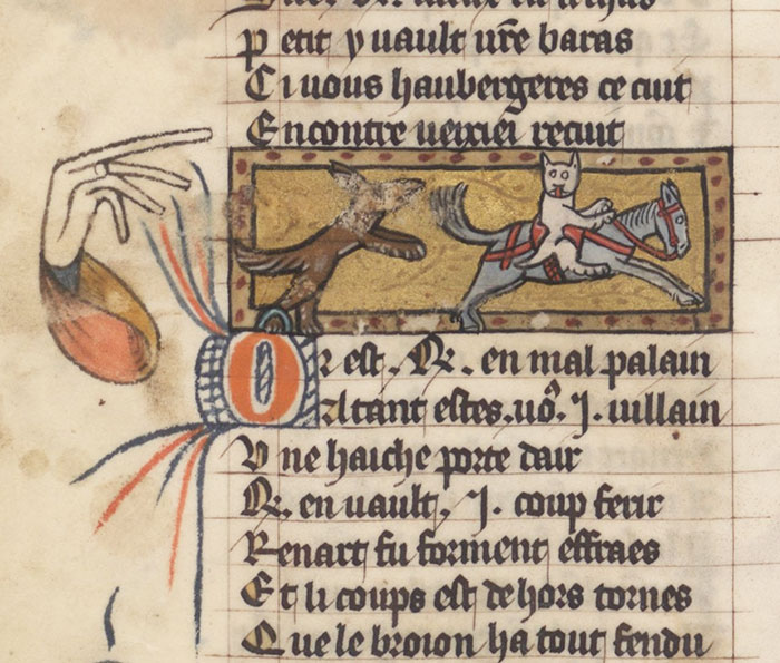 Medieval cat painting on horseback with dog, alongside decorative script, highlighting quirky historical art style.