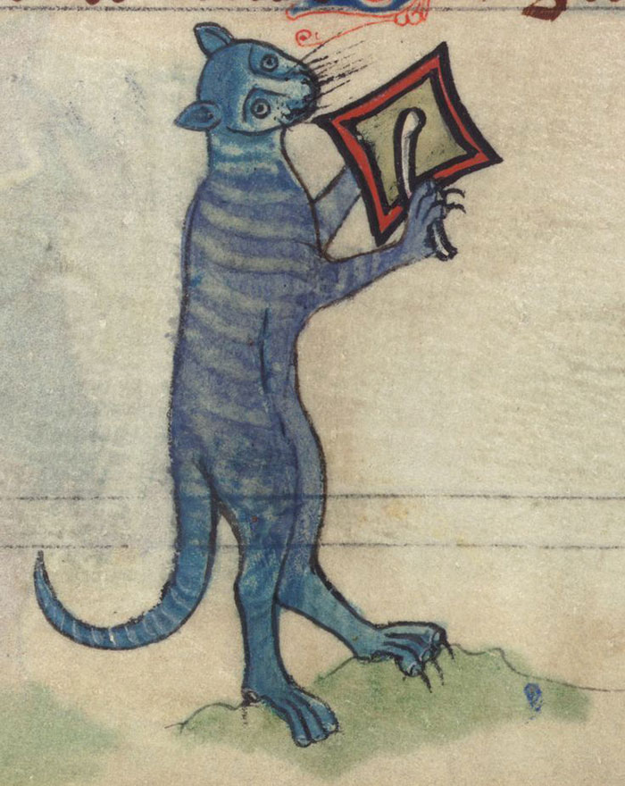 Medieval painting of a quirky blue cat holding a framed object, showcasing its unique and humorous style.