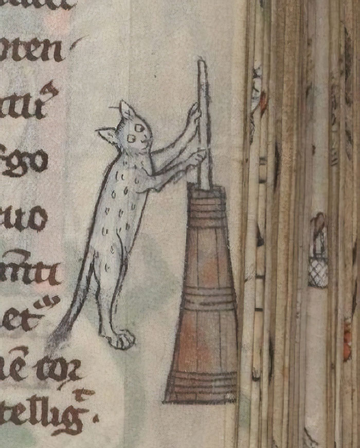 Medieval cat painting featuring a quirky depiction of a cat standing upright, holding a stick near a wooden barrel.