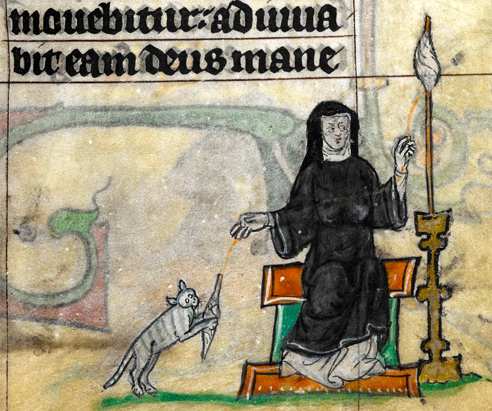 Ugly medieval cat painting with a monk holding a string, showcasing humorous and unusual art styles.