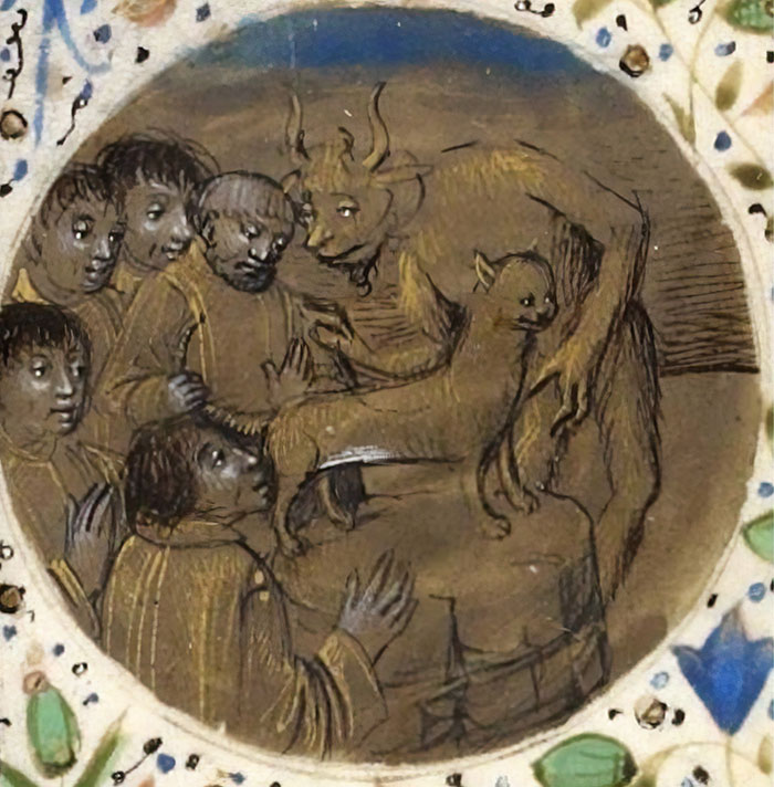Medieval painting of a cat with distorted features surrounded by people, depicting humorous medieval art style.