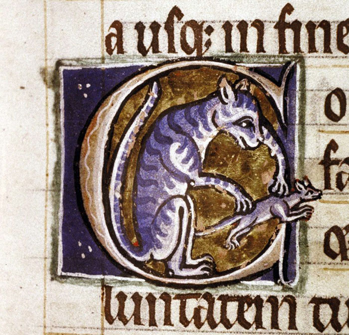 Medieval painting of an awkward-looking cat holding a small animal, highlighting its unusual artistic style.