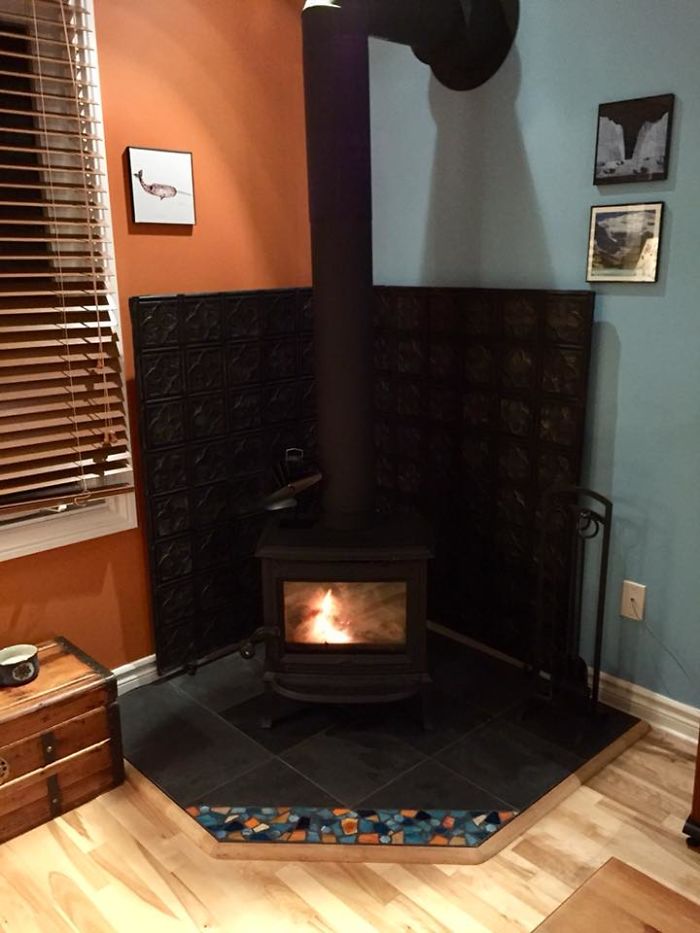 I Made A Shield From Cement Board And Tin Tiles, And A Base Form Plywood, Slate Tiles And Leftover Stained Glass For My New Wood Stove (Which We Call Lars, As It's A Black Metal Norwegian Stove). I Had No Experience In Tiling, Using And Painting Tin Tiles, Etc., But I'm Pretty Happy With The Result...