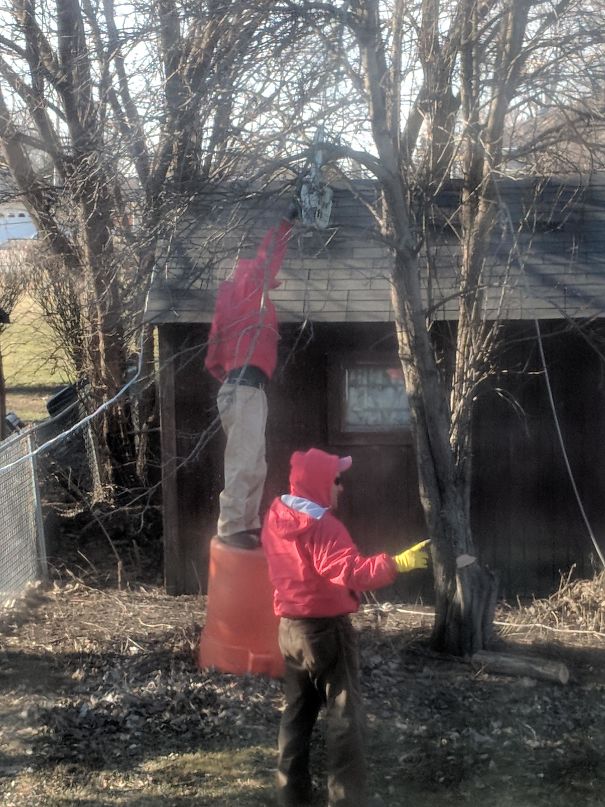 The Rare One-Handed-Overhead-Standing-On-A-Garbage-Can Chainsaw Wielder In The Wild
