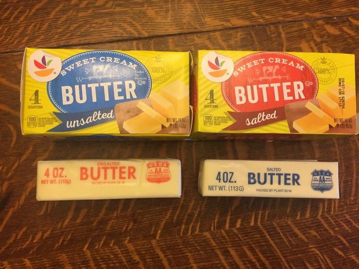 Figured Out Why I Keep Grabbing The Wrong Butter When I'm Cooking: The Unsalted Butter Has A Blue Label On The Box, But A Red Label On The Stick. The Salted Butter Is The Other Way Around.