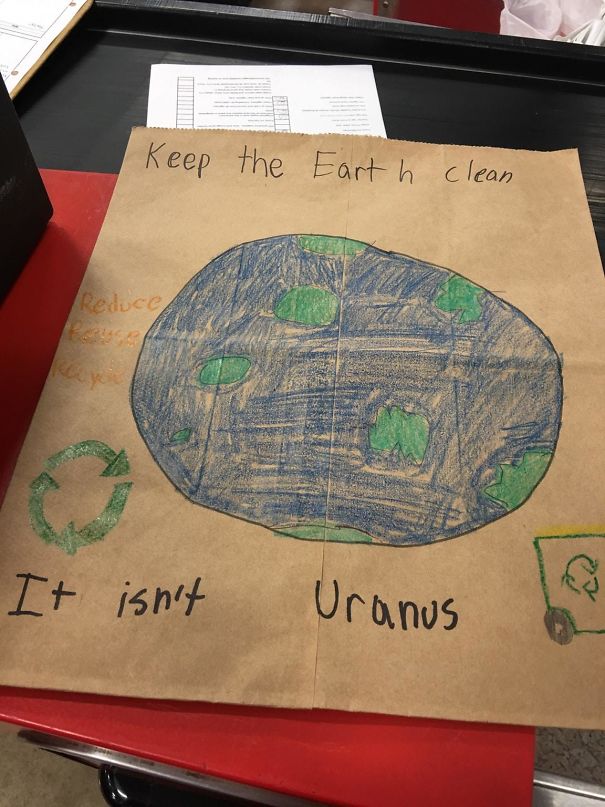 We Had A Local Elementary School Decorate Paper Bags For Earth Day And I Found This One We Had Left Over. This Kid Lol