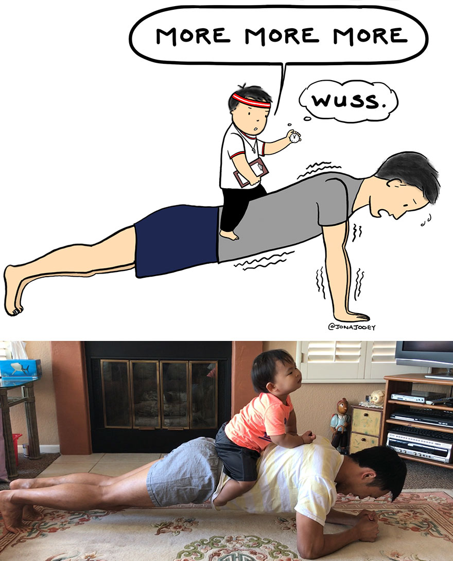 Planks + Pushups Are Hard With A Toddler On Your Back. He Don't Give A Sh!t