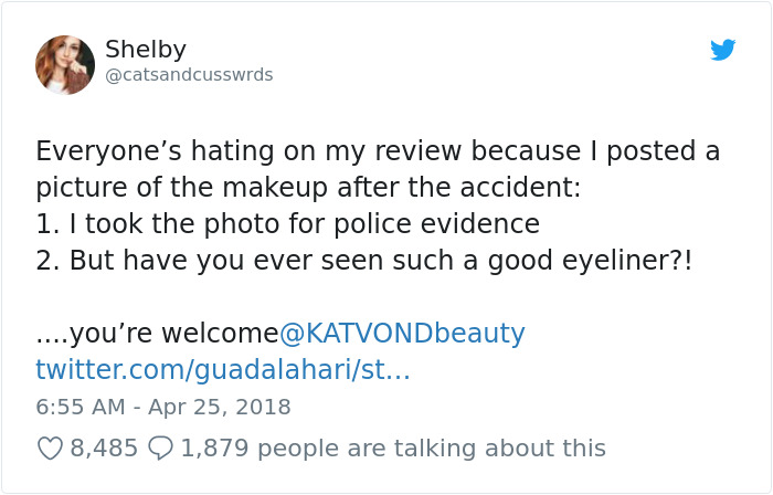 Tweet about woman's eyeliner review post-accident goes viral, highlighting the makeup's durability and humor. Tweet about woman's eyeliner review post-accident goes viral, highlighting the makeup's durability and humor.