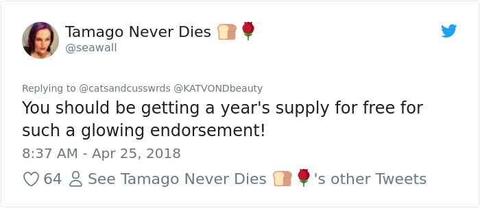 Tweet about eyeliner surviving a car accident, suggesting free supply for strong endorsement. Tweet about eyeliner surviving a car accident, suggesting free supply for strong endorsement.
