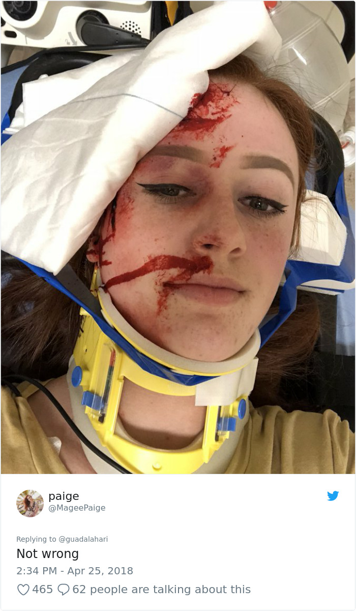 Woman with intact eyeliner post-car accident, wearing a neck brace, shares a viral review on social media.