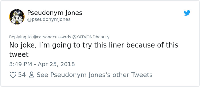 Tweet about eyeliner review going viral; user expresses intent to try the liner based on a woman's rave endorsement. Tweet about eyeliner review going viral; user expresses intent to try the liner based on a woman's rave endorsement.