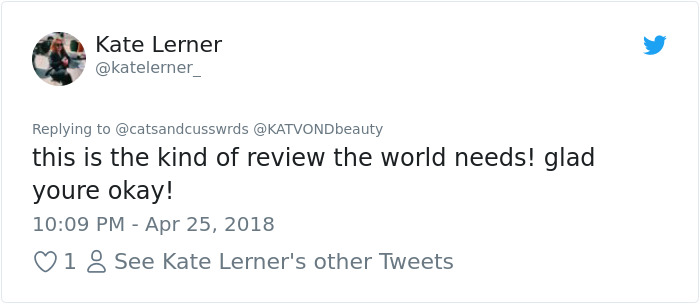 Tweet from Kate Lerner praising a viral eyeliner review for its durability in a car accident.