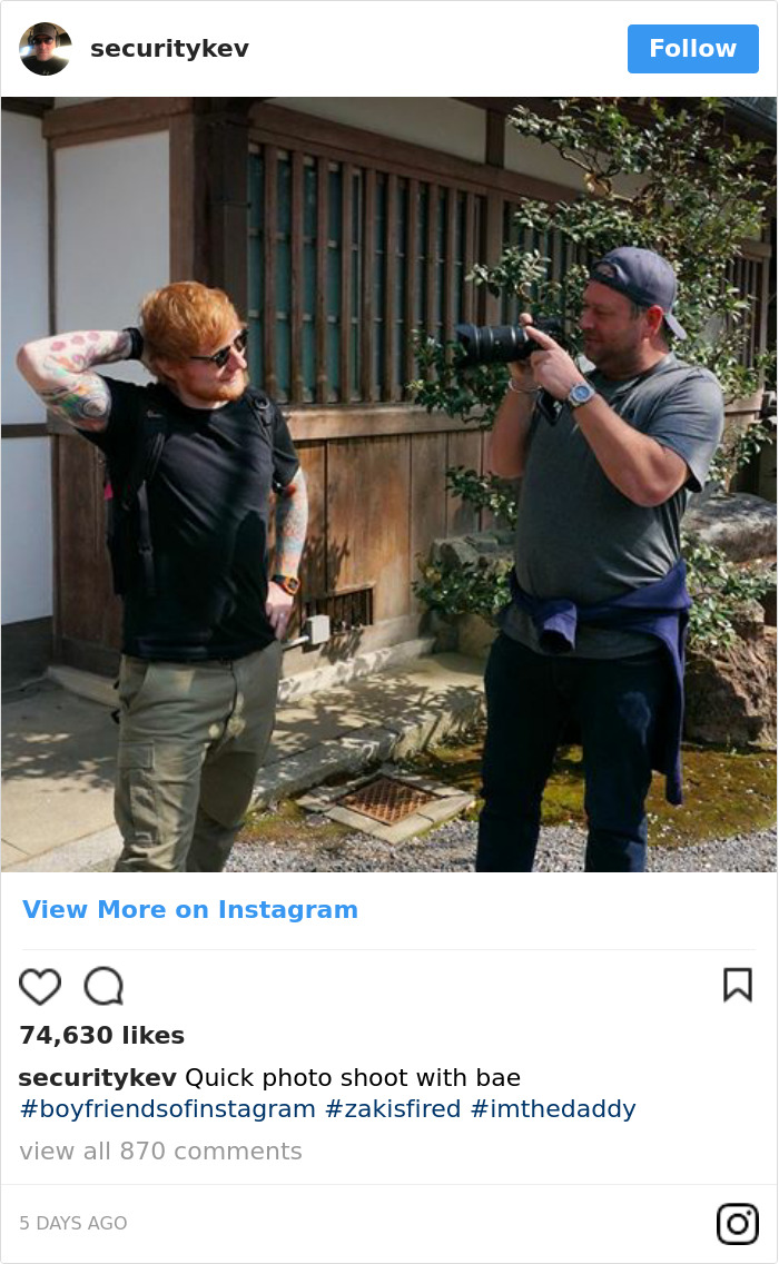 Ed Sheeran's Security Guard Has An Instagram, And It's Better Than His Boss's Ed Sheeran's Security Guard Has An Instagram, And It's Better Than His Boss's
