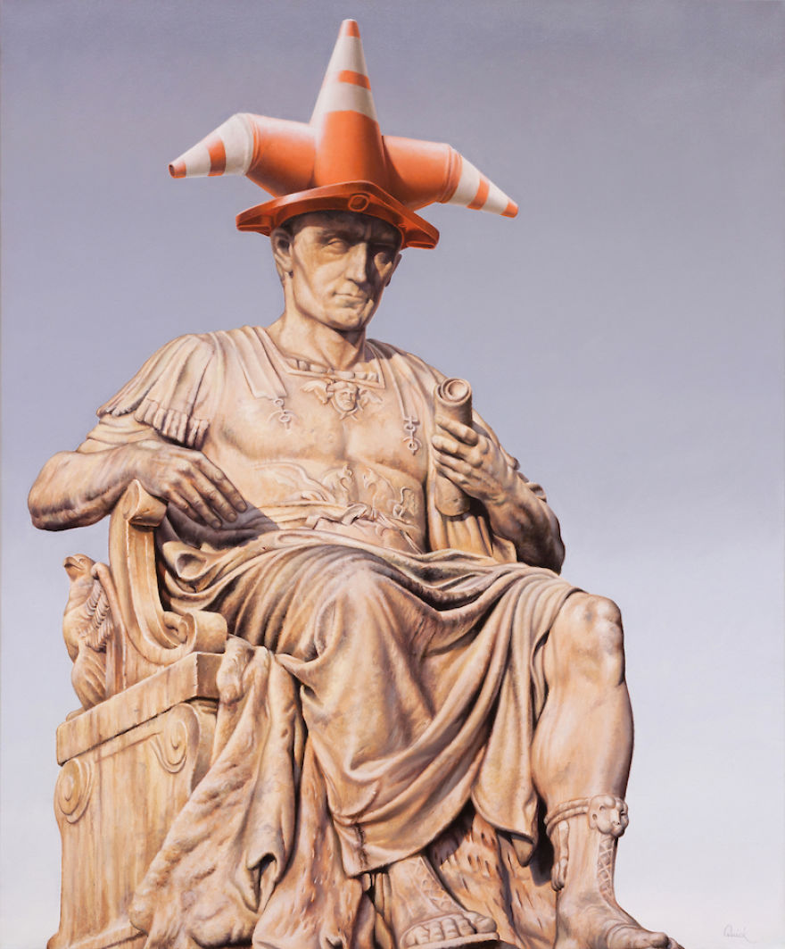 Paintings Of Statues Mocked With Modern Objects