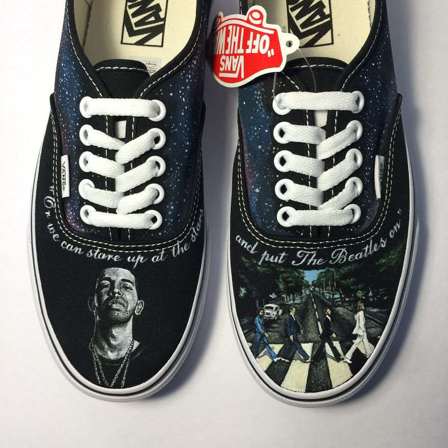 I Created A Visual Collaboration Of Musical Artists Drake & The Beatles On Custom Handpainted Vans