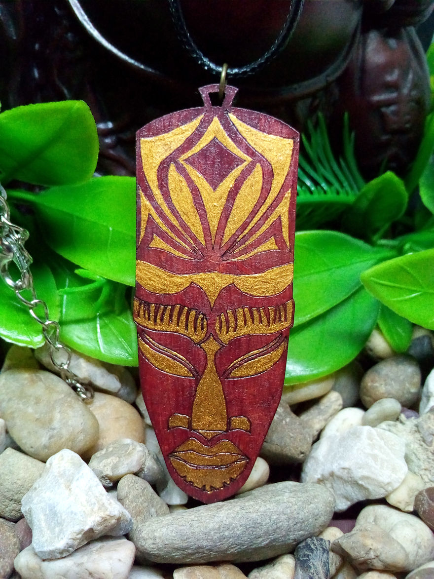 African Mask Necklace With Liquid Gold