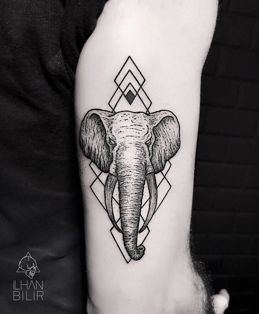 Elephant tattoo with contrast and dotwork by Ilhan Bilir on upper arm, featuring geometric elements.