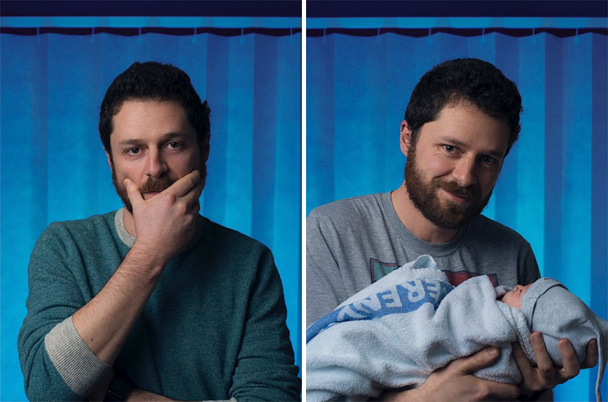 Man captured before and after becoming a father, showing emotional transformation and connection with his newborn baby.