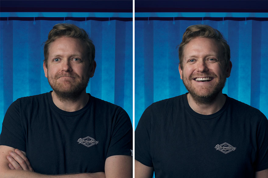 Man photographed before and after becoming a father, showing emotional and physical changes captured by a photographer.